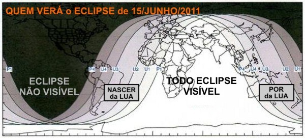 mapa mostrando onde no mundo sera visivel o eclipse e o nível de visibilidade