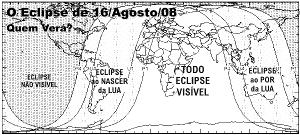 mapa mundi demonstrando que o eclipse nao será visivel na america do norte, na america do sul ao nascer da lua, na europa, africa e parte oeste da asia visivel o tempo todo e  na oceania no se por da lua