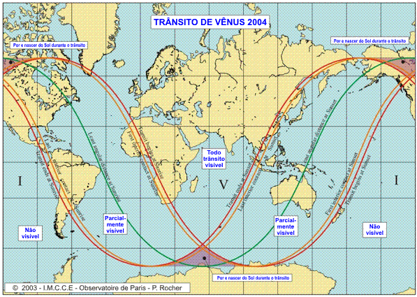 mapa com  a visibilidade do transito, isso é: calota polar norte; Europa; práticamente toda a Ásia e grande parte da África