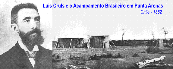 foto de luis cruls e o acampamento brasileiro em punta arenas, duas casinhas de madeira escoradas por madeira. chile-1882