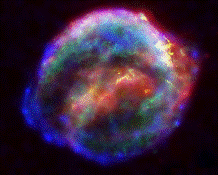 imagem de uma supernova esferica com varias cores saindo dela