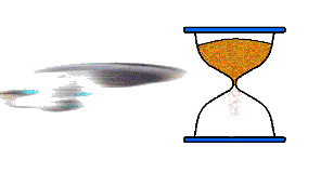 ampulheta girando e aparecendo um et e um macaco enquanto uma nave vai em direçao da ampulheta