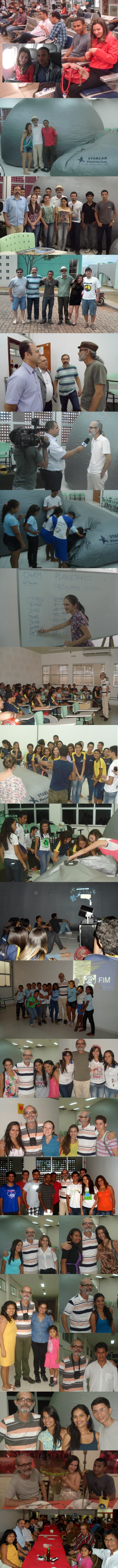 Agosto/13 - “Frei Rosário” em Araguaína (TO) - Fotógrafos Diversos

        De 03 a 07 de setembro o “Frei Rosário” esteve realizando o seu trabalho de ensino e divulgação de astronomia em Araguaína (norte do Estado do Tocantins), como parte da 'Primeira Semana Acadêmica da Universidade Federal do Tocantins' (UFT).
        
        Foram dias de muito trabalho e convívio prazeroso e frutífero com colegas e estudantes do interior dos Estados do Tocantins; Pará e Maranhão. Nossa equipe participou com sessões de planetário ('As Estrelas da Bandeira Brasileira: Uma Iniciação ao Reconhecimento de Estrelas e Constelações') e com palestras (Temas Diversos). Observações Astronômicas, inicialmente previstas, não foram realizadas devido à meteorologia.
        Tivemos imenso prazer em constatar o avanço que a física e a astronomia têm tido naquela região do nosso país; devido, principalmente ao trabalho que vem sendo realizado pela UFT; Campus de Araguaína. 