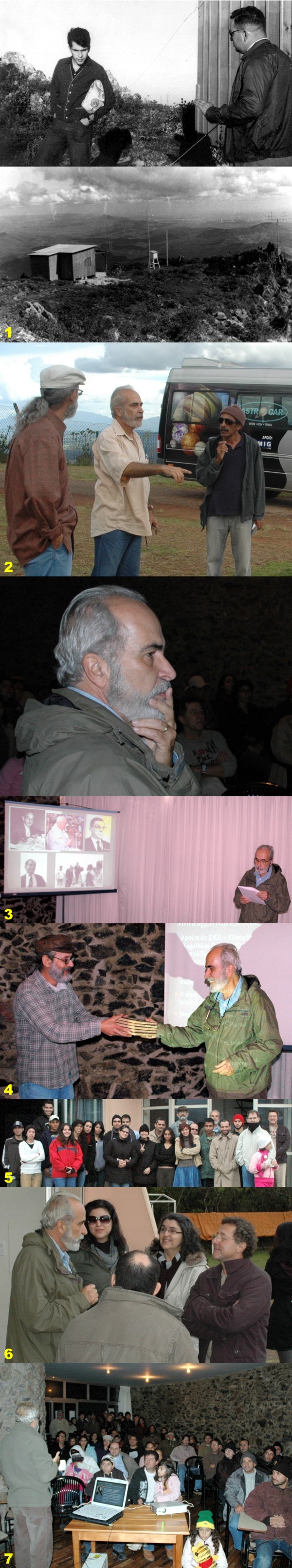 Julho/10 -Foto histórica: Visita do Prof. Rogério Carvalho de Godoy – Fotógrafos Diversos

 
        Foi com imensa alegria que em março e junho passados recebemos no “Frei Rosário” a visita do Prof. Rogério Carvalho de Godoy; um dos mais importantes personagens do período de “idealização” de nosso Observatório.

     1 - Prof. Rogério Godoy nos anos 60, quando coordenou os trabalhos para escolha de sítio do Observatório Astrofísico Brasileiro na Serra da Piedade e a estação meteorológica montada com essa finalidade.

     2 - Prof. Rogério em 6 de março de 2010, em sua primeira visita recente à Serra da Piedade, mostrando para os Profs. Renato Las Casas e Túlio Jorge dos Santos o local onde ficava a estação meteorológica.

     3 - Prof. Rogério, na manhã do dia 5 de junho passado, apresentando seminário no “Frei Rosário”, para nosso Grupo, sobre “A História da Astronomia Brasileira”.

     4 -  Prof. Rogério entregando para o Prof. Renato (coordenador do Grupo de Astronomia da UFMG) os registros das observações feitas na Serra da Piedade durante os trabalhos de escolha de sítio do Observatório Astrofísico Brasileiro.

     5 - Prof. Rogério e membros do nosso Grupo que participaram do seminário na manhã do dia 5 de junho passado.

     6 - Após o seminário: Prof. Rogério, filha e esposa, conversando com o Prof. Fernando Augusto Batista.

     7 - Prof. Rogério, na noite do dia 5 de junho passado, contando “A História da Astronomia Brasileira” para freqüentadores do “Frei Rosário”