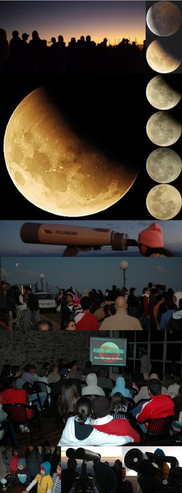 Setembro/08 - Eclipse Lunar - Diversos Autores

        Mais um show da natureza! Ver a Lua nascer eclipsada foi lindo! Quem foi ao “Frei Rosário”, além de observar o eclipse, pôde participar de aulas multimídia; laboratório interativo; observações da Lua; Júpiter; Caixinha de Jóias; etc.
        
        