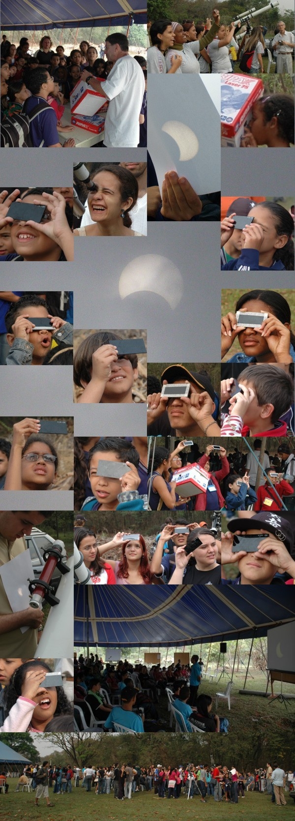 Outubro/06 - Eclipse Solar - Pauline McGinnes (Monitora do “Frei Rosário”) e outros

        No Eclipse de 22 de setembro passado criamos dois postos de observação abertos ao público. Um em nosso observatório, na Serra da Piedade, e outro no Museu de História Natural e Jardim Botânico da UFMG. Nesse último foi montada estrutura especial para o nosso trabalho pela diretoria do “Museu”.
        
        A programação nos dois locais consistiu de aulas com recursos multimídia; laboratório interativo e oficina, para a confecção de “apetrechos” seguros para observação solar; e observações por telescópios e por métodos alternativos.
        
        Densas nuvens atrapalharam mas não impediram a observação da ocultação de 45% do disco solar, vista a partir de Minas Gerais.
        
        É projeto do “Frei Rosário” juntamente com a diretoria do “Museu”, a reativação, em meados do próximo ano, do observatório astronômico lá existente e desativado há mais de quinze anos
        
        