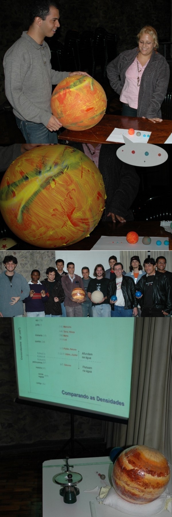 Janeiro/07 -Escalas - Diversos

        Modelos do Sistema Solar em escalas, construídos por alunos do curso “Astronomia Geral”.
        
        Nas fotos de cima: os planetas, o Sol e nossa Lua em escala de tamanho.
        
        Nas duas fotos de baixo: os planetas em escalas de tamanho e massa.