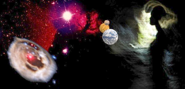 Dezembro/06 - Gás e Poeira (ou: Acompanhando a história de alguns átomos) - Montagem feita pela equipe do 'Frei Rosário', a partir de fotografia da Fabiana (Monitora OAFR) no interior de gruta da Serra da Piedade