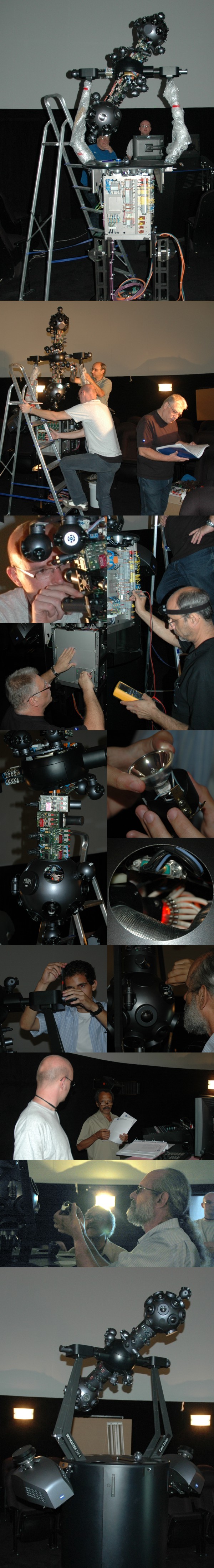 Fevereiro/10 - Instalação do Planetário de Belo Horizonte - Vários autores

        O “Planetário de Belo Horizonte” já se encontra instalado e muito em breve será inaugurado.
        
        Ele é fruto de parceria entre a UFMG; a operadora TIM e o Governo do Estado de Minas Gerais e sua inauguração será também a inauguração do “Circuito Cultural Praça da Liberdade”, do qual faz parte.
        
        A sua instalação foi executada, entre os dias 12 e 28 do mês passado, por Robert Paul Niethe e Klaus Ulrich Noak (técnicos da Zeiss que participaram da fabricação do aparelho) e Mauro José Paglione (técnico da Omnis Lux, que será responsável por sua manutenção).
        
        Nas fotos também aparecem membros de nossa equipe (Renato Las Casas; Túlio Jorge dos Santos e Lucas Henrique) entendendo detalhes do equipamento, muito bem e cuidadosamente explicados por seus instaladores. 