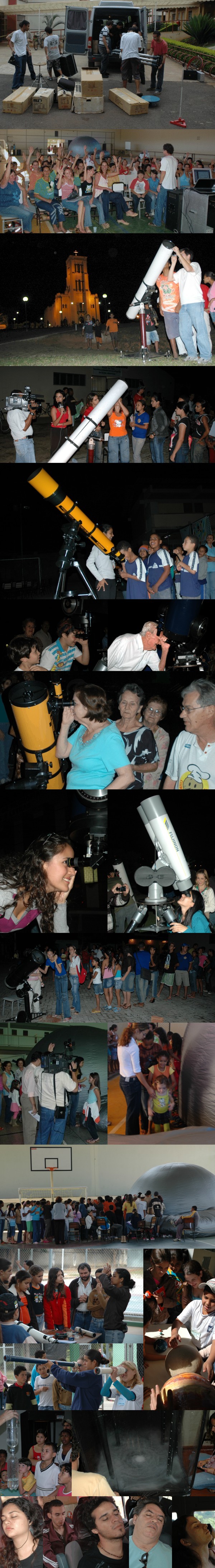  Abril/09 - Itinerâncias - Diversos

        Uma das principais atividades de nosso grupo consiste na realização de itinerâncias científicas no interior de Minas Gerais (algumas vezes também em outros estados).
        
        Nessas nossas 'andanças' levamos cursos de introdução à astronomia; sessões de planetário; laboratório interativo; palestras multimídia para o público em geral e, é claro, vários telescópios!
        
        Alguns dos nossos monitores adoram dormir nas viagens de volta. Por que será?

        