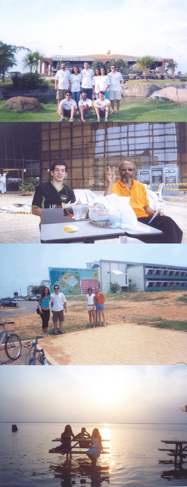 Dezembro/05 - “Frei Rosário” em Palmas - Fotógrafos Diversos
    
    
        De 17 a 21 de outubro o “Frei Rosário” esteve realizando o seu trabalho de ensino e divulgação de astronomia em Palmas (TO), como parte das comemorações do “Ano Mundial da Física”, em evento realizado pela Universidade Federal do Tocantins (UFT). Foram dias de muito trabalho e alguns passeios.
       
        1-     Equipe do “Frei Rosário” (Viviane, Mariana, Janaina, Roca e Profs. Fernando e Túlio) e professores do Núcleo de Física da UFT (Cabral, Paulo e Sauli) em frente ao Palácio do Governo;
       
        2-    Roca e Prof. Túlio em frente ao Tribunal de Contas do Estado (local em que realizamos nossas atividades: Observações; Palestras; Laboratório Interativo e Planetarinho);
       
        3-    Viviane, Roca, Mariana e Janaina no Campus da UFT;
       
        4- Viviane, Mariana e Janaina “curtindo” o Rio Tocantins. 